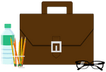 Briefcase, pens and water bottle